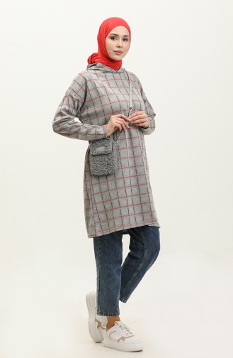 Hooded winter Jacquard Plaid Tunic 8683-01 Gray Brick Red 8683-01