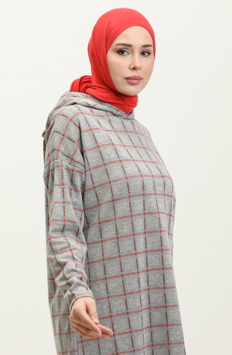 Hooded winter Jacquard Plaid Tunic 8683-01 Gray Brick Red 8683-01