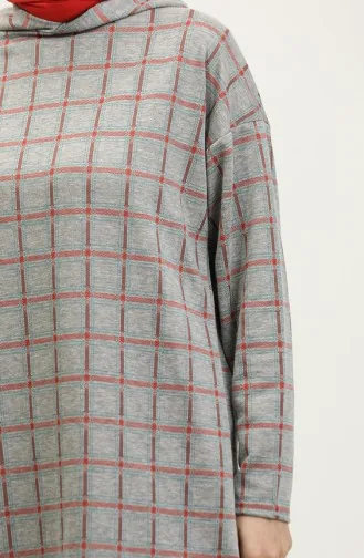 Kapüşonlu Kışlık Jakarlı Ekose Tunik 8683-01 Gri Kiremit