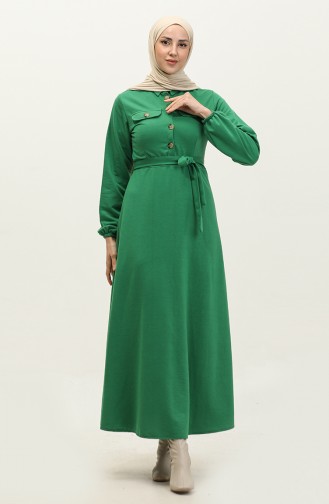 Pocket Detailed Pleated Dress 0331-02 Emerald Green 0331-02