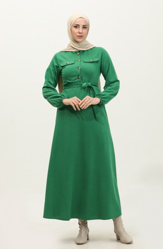 Pocket Detailed Pleated Dress 0331-02 Emerald Green 0331-02