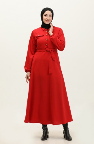 فستان بتفاصيل جيوب 0331-04 لون أحمر 0331-04