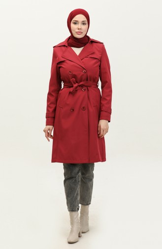 معطف واق من المطر مبطن للنساء متوسط الحجم باللون الأحمر الداكن 6825.Bordo