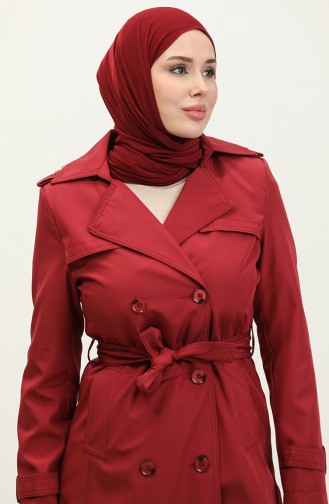 معطف واق من المطر مبطن للنساء متوسط الحجم باللون الأحمر الداكن 6825.Bordo