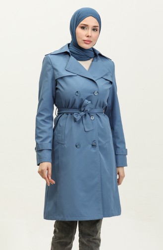 Mittelgroßer Gefütterter Trenchcoat Für Damen In Indigo 6825.İndigo