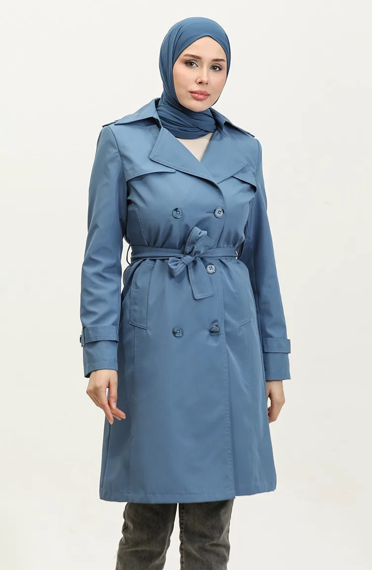 Trench Doublé Femme Taille Moyenne Indigo 6825.İndigo