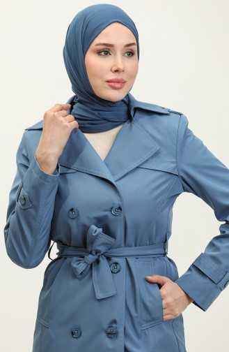 Middelgrote Gevoerde Trenchcoat Voor Dames Indigo 6825.İndigo