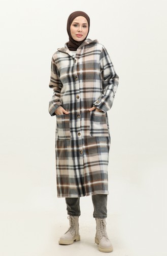 Plaid Patterned Fleece Cape 0167-03 Milky Brown Gray 0167-03
