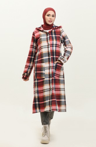 Plaid Patterned Fleece Cape 0167-06 Claret Red Gray 0167-06