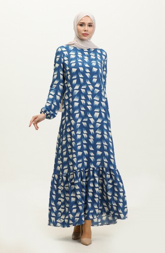 Elastic Sleeve Patterned Viscose Dress2061-02 İndigo 2061-02