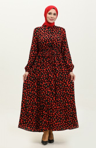 Floral Patterned Buttoned Viscose Dress 0333-01 Black Red 0333-01