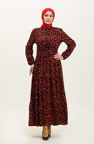Floral Patterned Buttoned Viscose Dress 0333-01 Black Red 0333-01