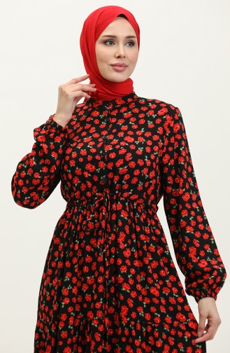 Çiçek Desenli Düğmeli Viskon Elbise 0333-01 Siyah Kırmızı