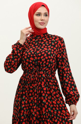 Robe Viscose Boutonnée à Motifs Floraux 0333-01 Noir Rouge 0333-01