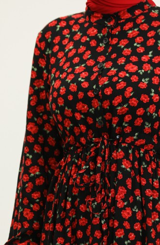 Viscose-jurk Met Bloemenpatroon En Knopen 0333-01 Zwart Rood 0333-01
