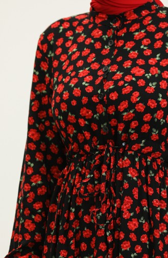 Floral Patterned Buttoned Viscose Dress 0333-01 Black Red 0333-01