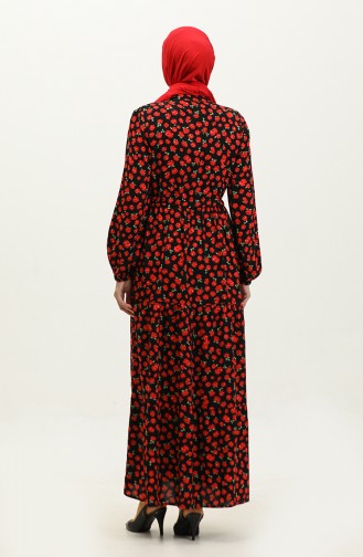 Robe Viscose Boutonnée à Motifs Floraux 0333-01 Noir Rouge 0333-01