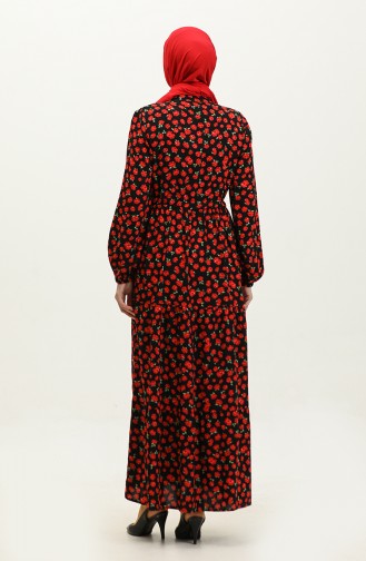 Floral Patterned Buttoned Viscose Dress 0333-01 Black Red 0333-01