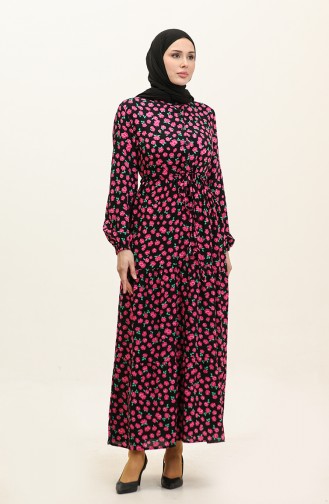 Floral Patterned Buttoned Viscose Dress 0333-02 Black Pink 0333-02