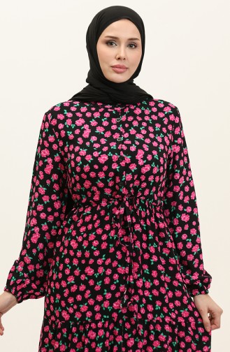 Floral Patterned Buttoned Viscose Dress 0333-02 Black Pink 0333-02