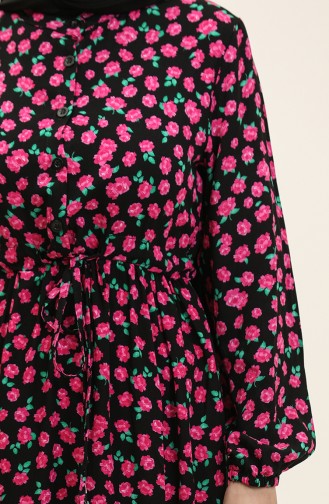 Floral Patterned Buttoned Viscose Dress 0333-02 Black Pink 0333-02