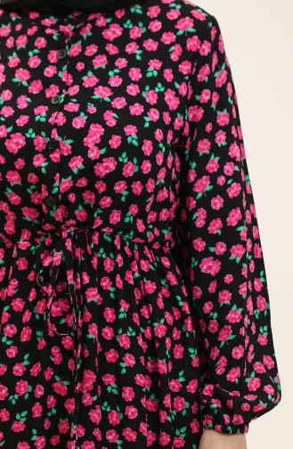 Robe Viscose Boutonnée à Motifs Floraux 0333-02 Noir Rose 0333-02