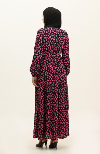 Floral Patterned Buttoned Viscose Dress 0333-02 Black Pink 0333-02