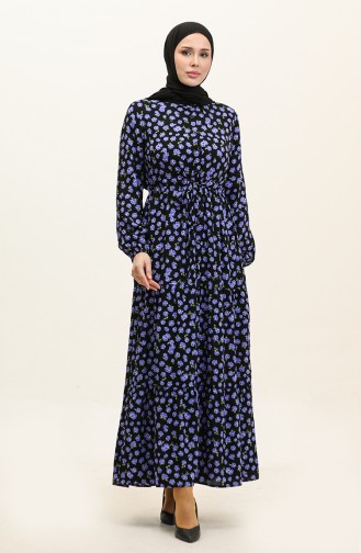 Floral Patterned Buttoned Viscose Dress 0333-03 Black Purple 0333-03