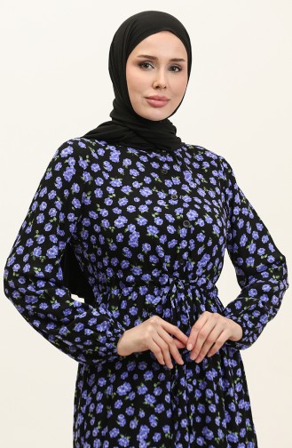 Floral Patterned Buttoned Viscose Dress 0333-03 Black Purple 0333-03