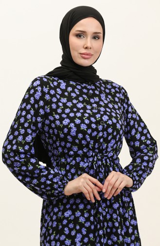 Geblümtes Geknöpftes Viskosekleid 0333-03 Schwarz Lila 0333-03