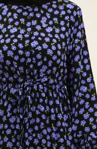 Robe Viscose Boutonnée à Motifs Floraux 0333-03 Noir Violet 0333-03