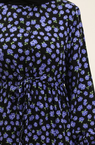 Floral Patterned Buttoned Viscose Dress 0333-03 Black Purple 0333-03