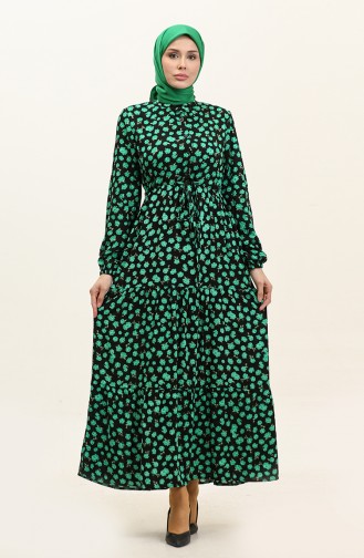 Floral Patterned Buttoned Viscose Dress 0333-04 Black Green 0333-04