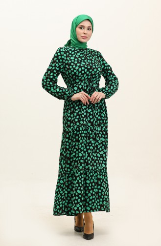 Floral Patterned Buttoned Viscose Dress 0333-04 Black Green 0333-04