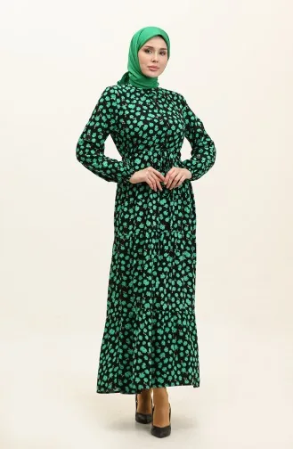 Robe Viscose Boutonnée à Motifs Floraux 0333-04 Noir Vert 0333-04
