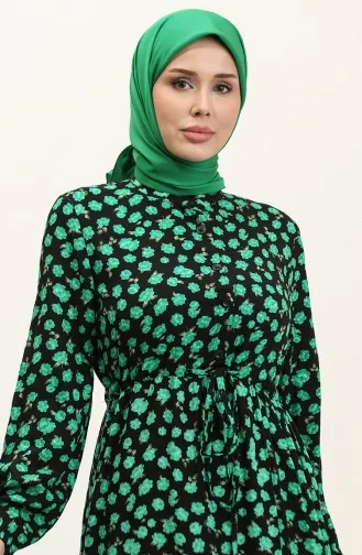 Robe Viscose Boutonnée à Motifs Floraux 0333-04 Noir Vert 0333-04