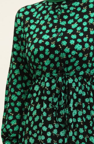 Floral Patterned Buttoned Viscose Dress 0333-04 Black Green 0333-04