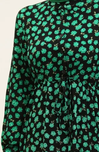 Robe Viscose Boutonnée à Motifs Floraux 0333-04 Noir Vert 0333-04