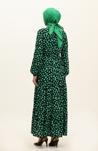 Floral Patterned Buttoned Viscose Dress 0333-04 Black Green 0333-04