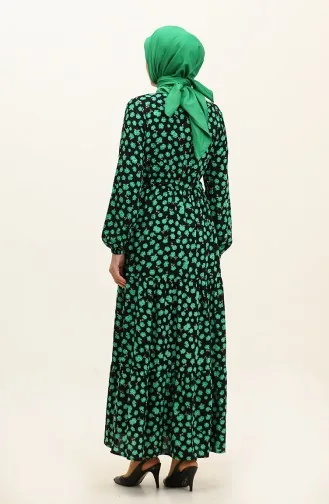 Robe Viscose Boutonnée à Motifs Floraux 0333-04 Noir Vert 0333-04
