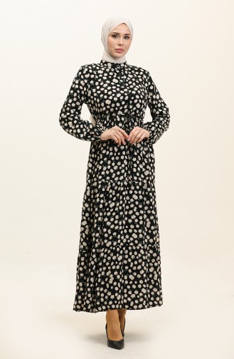 Floral Patterned Buttoned Viscose Dress 0333-05 Black Mink 0333-05