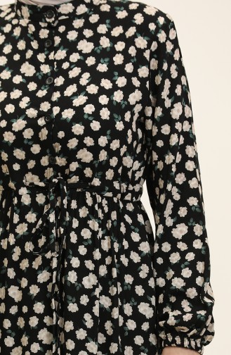 Floral Patterned Buttoned Viscose Dress 0333-05 Black Mink 0333-05