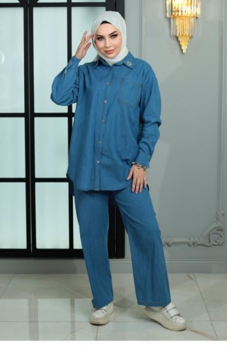 Stoned Collar Denim Suit Light Blue 19183 15096