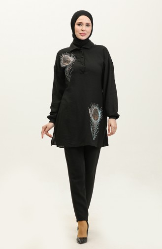 Stone Detailed Hijab Suit Black Tk221 260