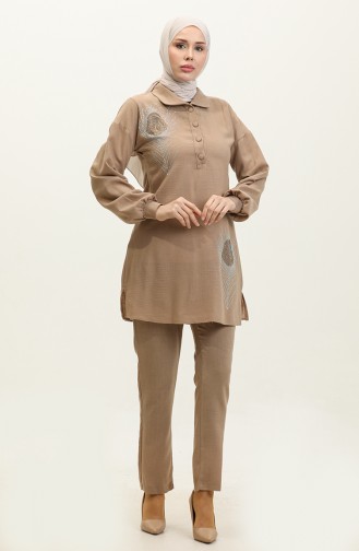 Stone Detailed Hijab Suit Mink Tk221 264