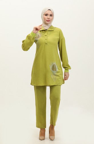 Stone Detailed Hijab Suit Green Tk221 265