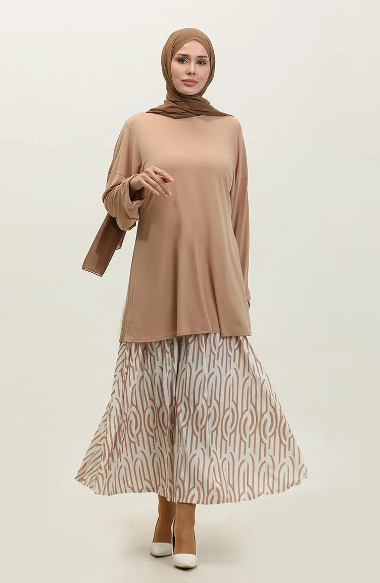 Tailleur Jupe Plissée Beige Tk220 598