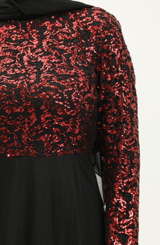 فستان سهرة من التل بتفاصيل من الترتر 3412-04 لون أسود وأحمر 3412-04