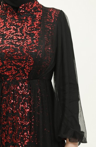 فستان سهرة بتفاصيل من الترتر 6383A-06 لون أسود و أحمر 6383A-06