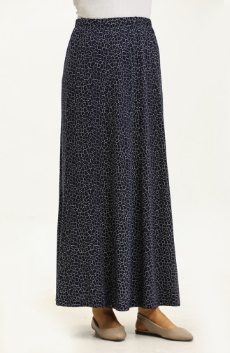 Elastic Waist Printed Skirt 0823-01 Navy Blue 0823-01